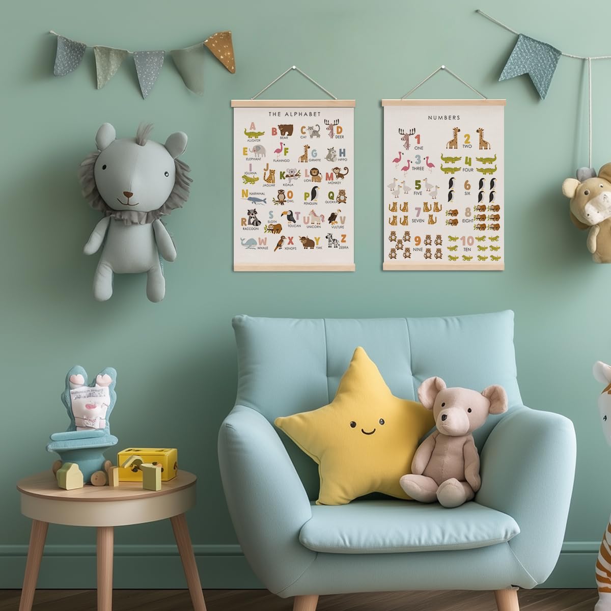 Cute Animal Number Chart Alphabet Poster Hanger, ABC Chart Wall Decor, Toddler Learning Posters, Educational Posters Homeschool Supplies, Wall Art Wall Hanging Banner Bedroom Nursery Decor