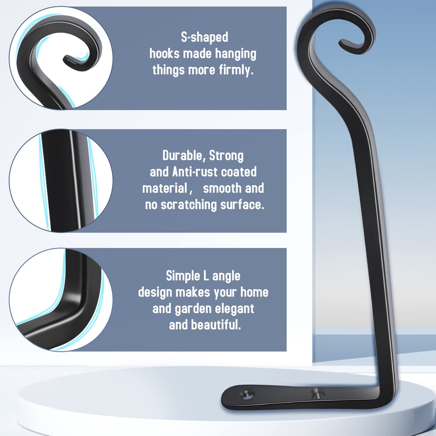 FEED GARDEN Wall Hooks for Hanging Plants 10 Inch - 2 Pack Heavy Duty Metal Plant Brackets, Holds 48 lbs, Rust Resistant Black L-Shape Hooks for Indoor Outdoor Decor