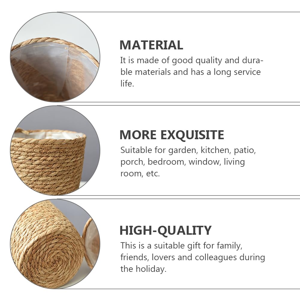 Veemoon 2Pcs Wicker Planter Basket, Rattan Grass Woven Flower Pot Seagrass Planter with Plastic Liner Farmhouse Storage Fruit Bowl Hyacinth Storage Baskets for Plant Flower Fruit Vegetable, 8.65inch H