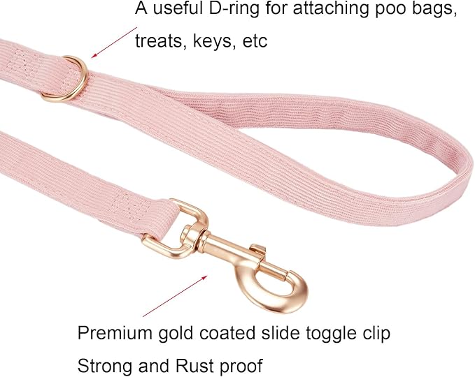 Soft Corduroy Dog Collar and Leash Set Adjustable Durable Dog Collars with Metal Buckle and Lead for Female Small Dogs,Baby Pink