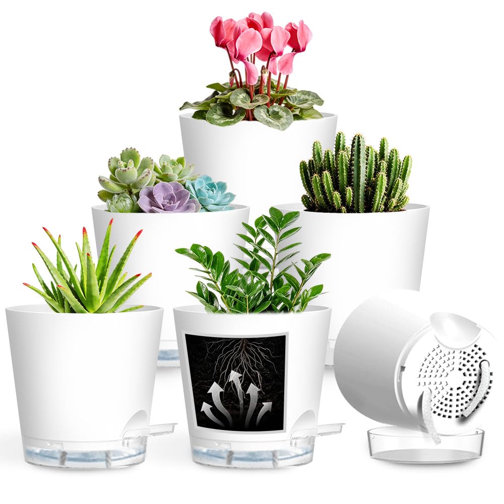 KEETUMOOD Self Watering Pots for Plants, 2026 New Flower Plant Pots with Drainage Holes, Wicking and Clear Reservoirs for Succulent, Aloe, Cacti and Others - 6 Pack (White, 6")