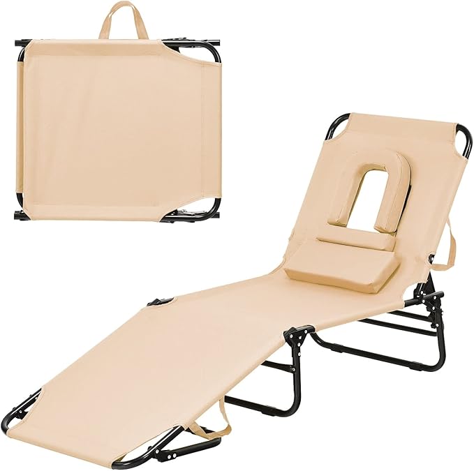 Folding Beach Lounge Chair w/ 5 Adjutable Backrest & Padded Pillow, Sunbathing