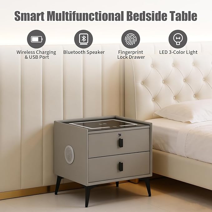 Smart Nightstand with Charging Station, Adjustable LED, USB Ports, Fingerprint