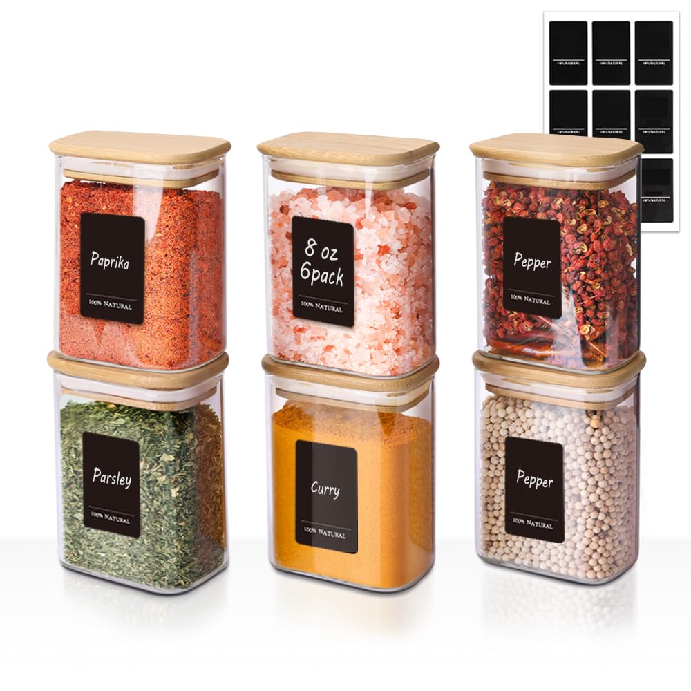Comsaf Spice Jars with Label，8 oz Small Glass Jars with Lids, 6 Pcs Seasoning Containers, Rectangle Glass Containers with Lids, Empty Seasoning Jars for Pantry Storage, Loose Tea, Herbs, Powders, Salt