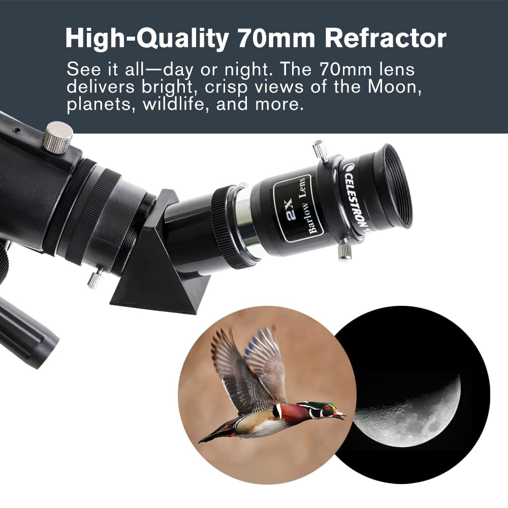 Celestron Travel Scope 70DX Portable Refractor Telescope – 70mm Aperture, Fully-Coated Glass Optics – Includes Bonus Phone Adapter, Backpack & More – Ideal for Beginners & Travel