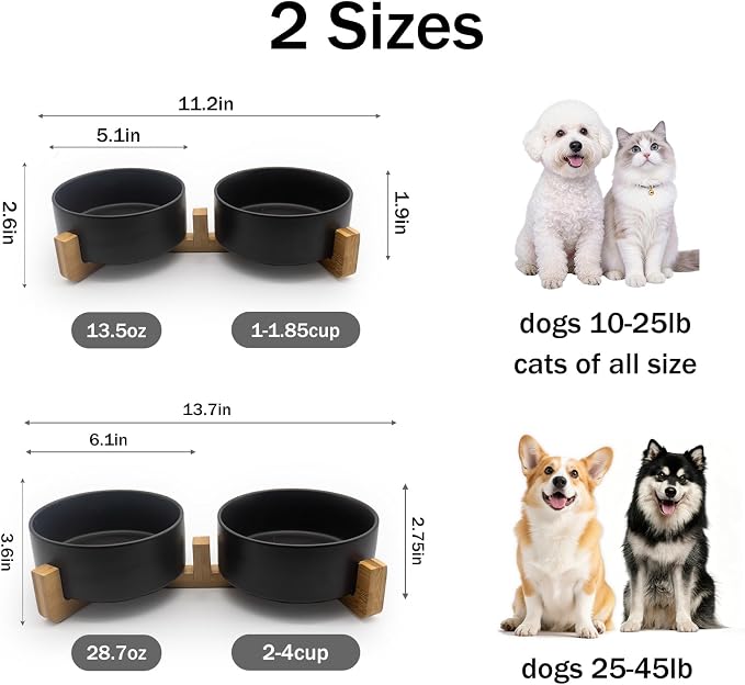MateeyLife Ceramic Dog and Cat Bowls with Stand, 2-Pack Food and Water Bowl Set - Non-Slip Pet Bowls for Small & Medium Size Dogs，28.7OZ(Black)
