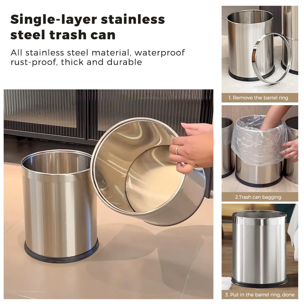 LEASYLIFE 2.6Gallon/10L，Stainless Steel Bathroom Trash Can,Chrome Trash Can,Silver Garbage Can for Office，Wastebasket for Hotel，Office，Store，Metal Trash bin Without lid (Silver)