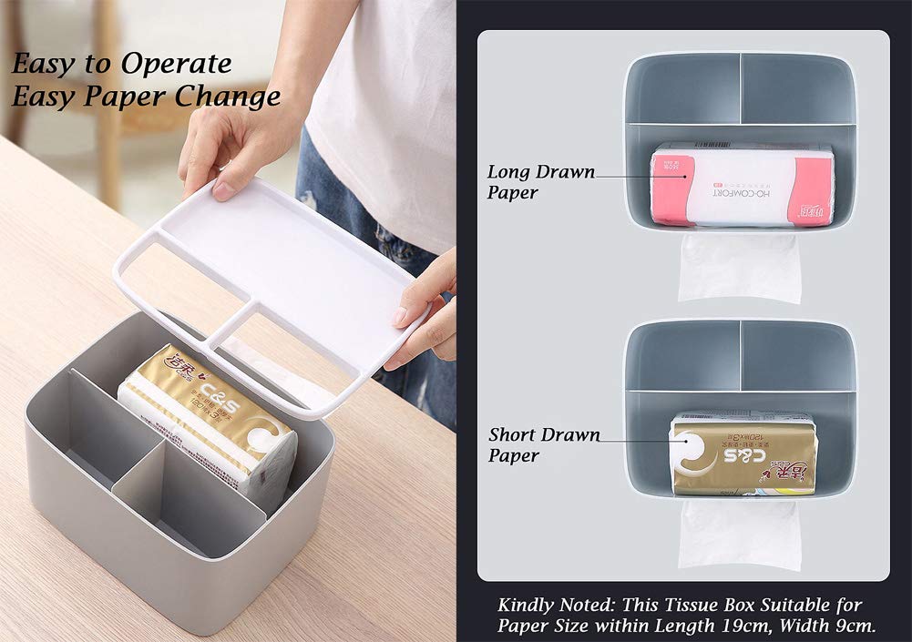 Multifunction Rectangular Tissue Holder Cover Case Facial Tissue Paper Box Napkins Dispenser Container Stylish Remote Control Desk Storage for Living Room Bedroom Dressers Home Office (Grey)