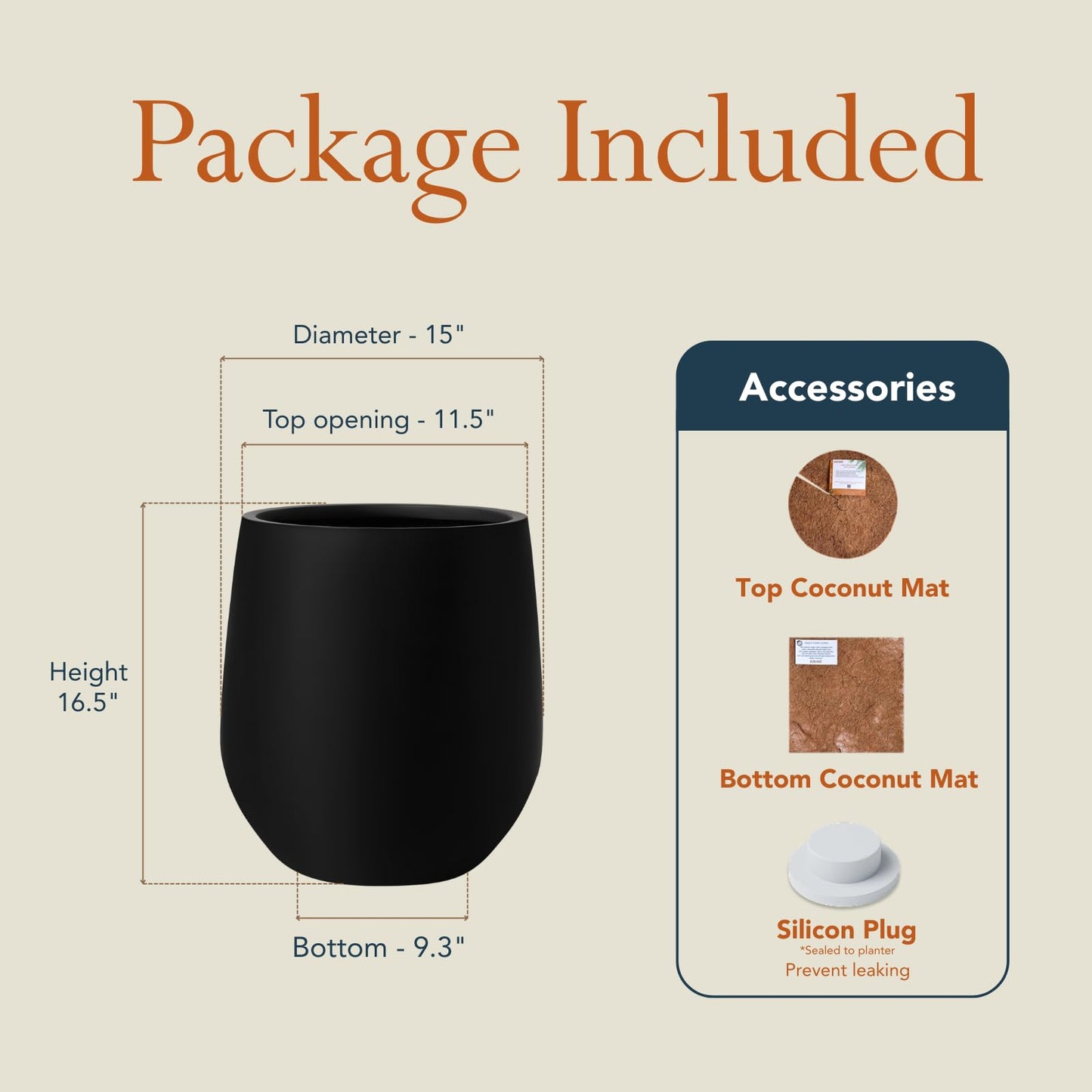 KUTE NEST 16.5" H x 15" D Premium Corso Fiberstone Round Tapered Planter with Drainage Hole, Weather Resistant for Indoor & Outdoor Use, Included 2 Extra Coco Mats (Black, 11.5" Pot Opening)