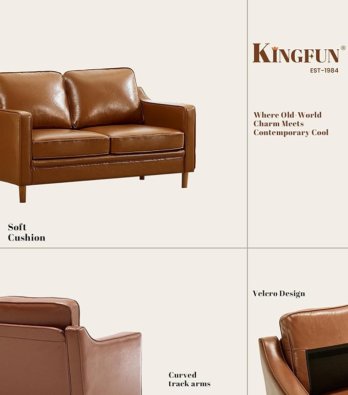 Kingfun 56" Faux Leather Sofa, Loveseat Couch, Mid Century Modern Love Seat
