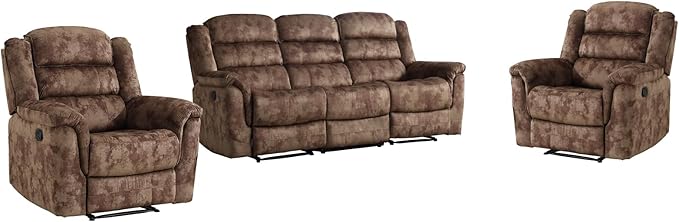 EBELLO 3 Pieces Reclining Living Room Set, Soft Fabric Manual Recliner Sofa