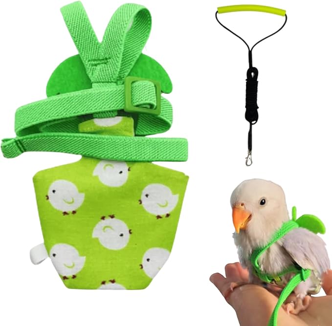 Adjustable Bird Diaper Harness Flight Suit Clothes with 80 Inch Flying Leash Rope for Parrots Conure Cockatiel (Green,L)