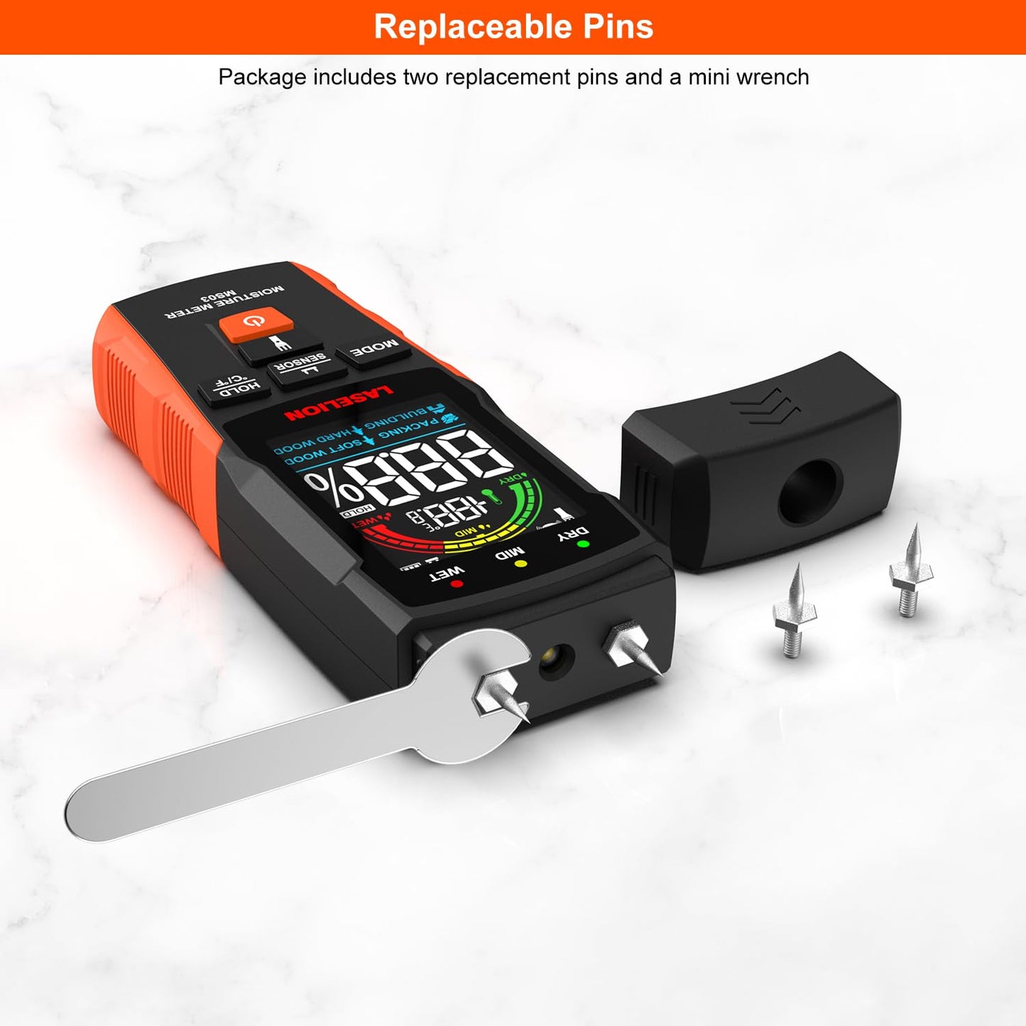 LASELION 2-in-1 Pin & Pinless Moisture Meter MS03 – Accurate Moisture Detection for Wood, Concrete, Drywall, and More – LCD Display with Hold Function, Flashlight, and Auto Power Off