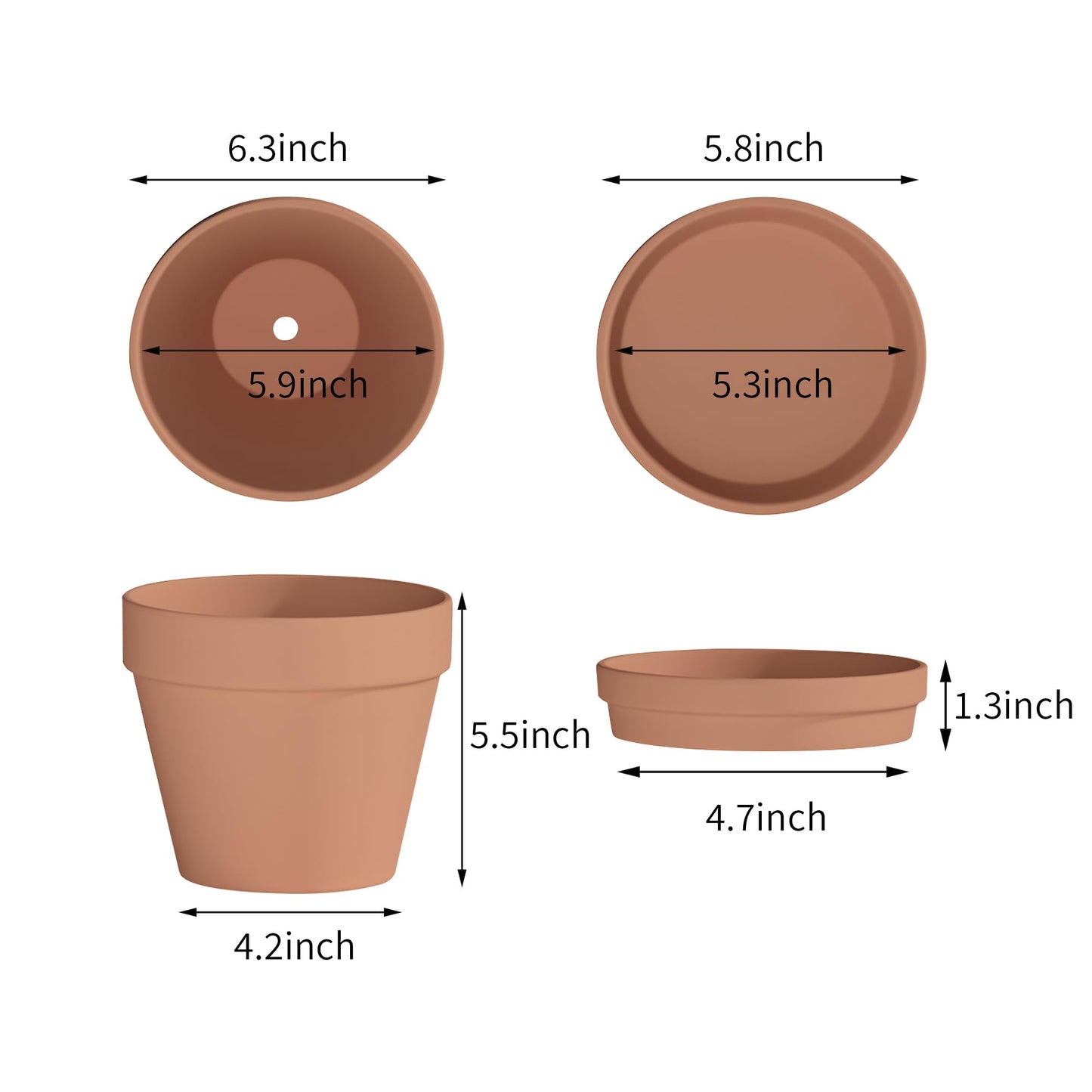Fcacti 6.3 Inch Clay Pot for Plant with Saucer - 4 Pack Large Terra Cotta Plant Pot with Drainage Hole, Flower Pot with Tray, Terracotta Pot for Indoor Outdoor Plant