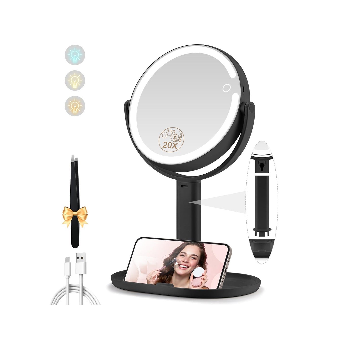 Makeup Mirror with Lights, Double Sided 1x/20x Magnifying Mirror with Light, Rechargeable 3 Color Lights and Adjustable Brightness, 360° Rotation Detachable Comes with Tweezer(Black)