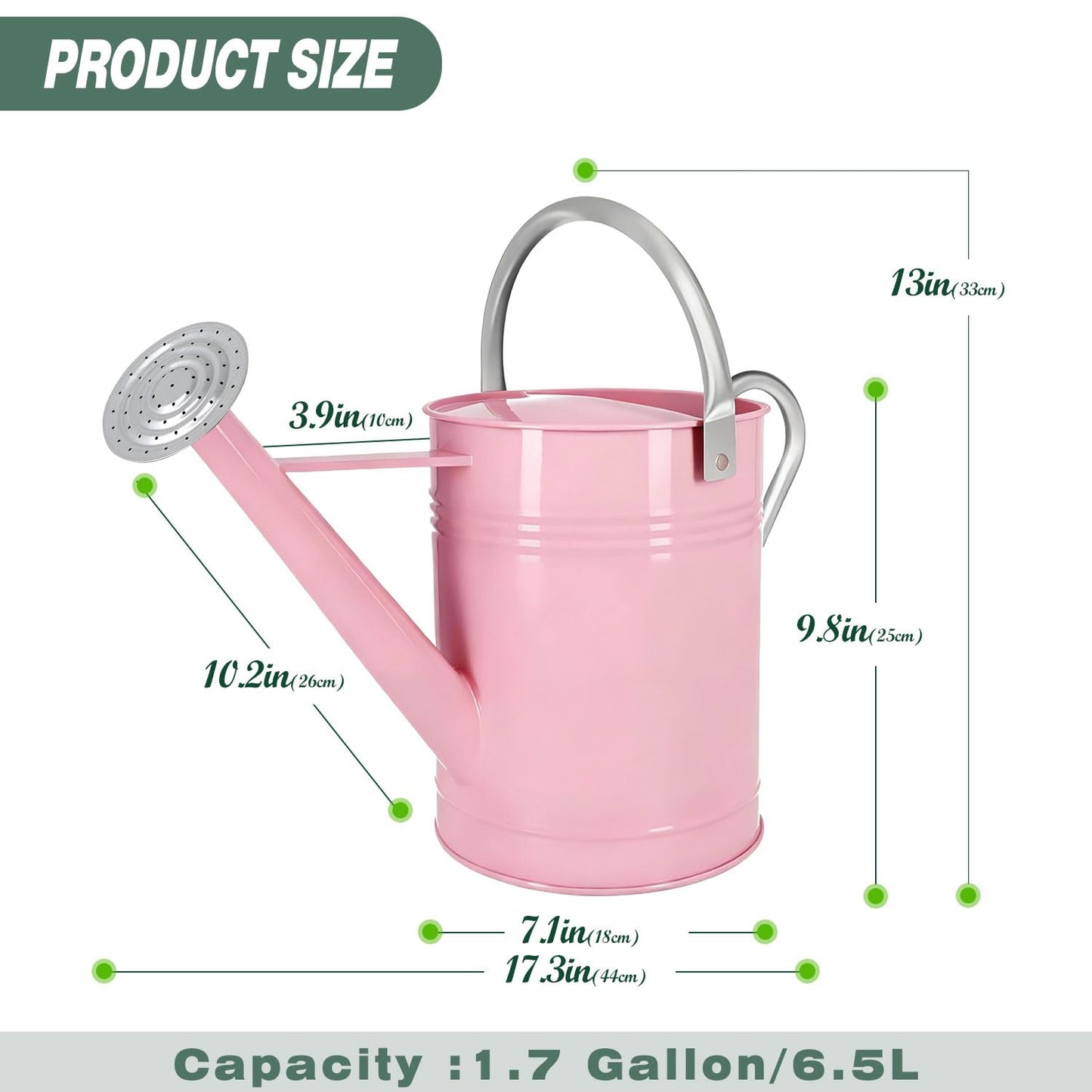 Metal Watering Can for Outdoor Plants, 1.7 Gallon Pink Garden Watering Can for Flower, Houseplants, Galvanized Finish