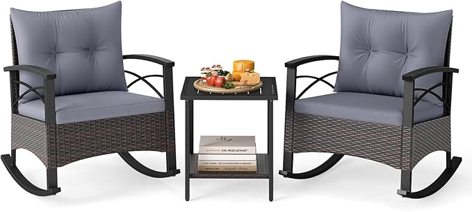 Tangkula 3 Pieces Outdoor Rocking Chairs Set, Rattan Heavy Duty Cushioned