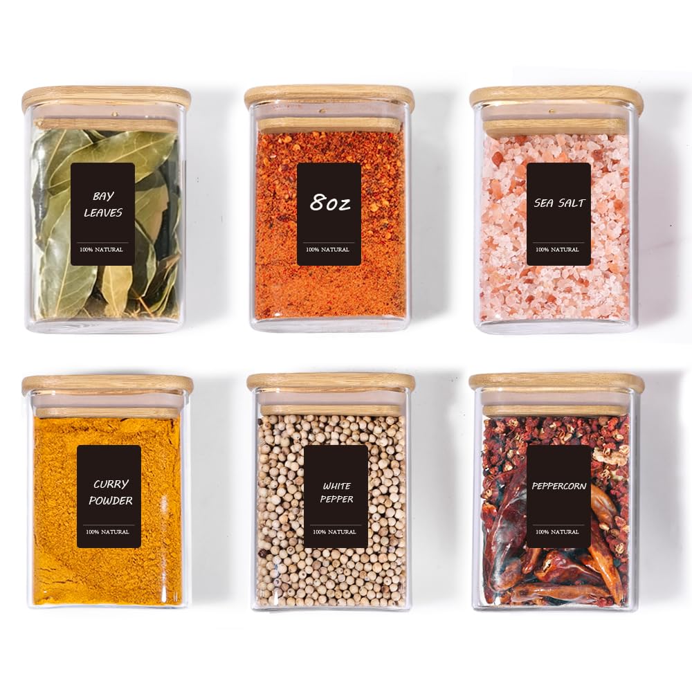 Comsaf Spice Jars with Label，8 oz Small Glass Jars with Lids, 6 Pcs Seasoning Containers, Rectangle Glass Containers with Lids, Empty Seasoning Jars for Pantry Storage, Loose Tea, Herbs, Powders, Salt