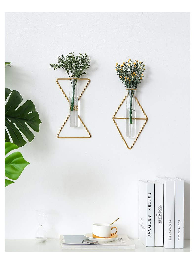 Nordic Wall Vase,Gold Geometric Vase Hanging Hydroponic Planter,Wall-Mounted Metal Glass Tube Bud Vase Decorative for Centerpieces Wedding Home Decor(Gold 4)