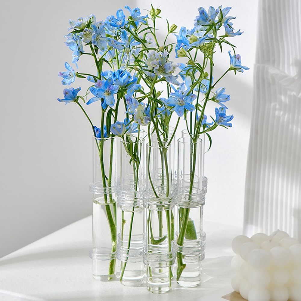 8PCS Test Tube Vases Decorative Glass Flower Vase Hinged Flower Vases Planter Flower Arranging Container Hydroponic Flower Holder Decor with 15PCS Hooks and 2PCS Brushes (VASES- A)