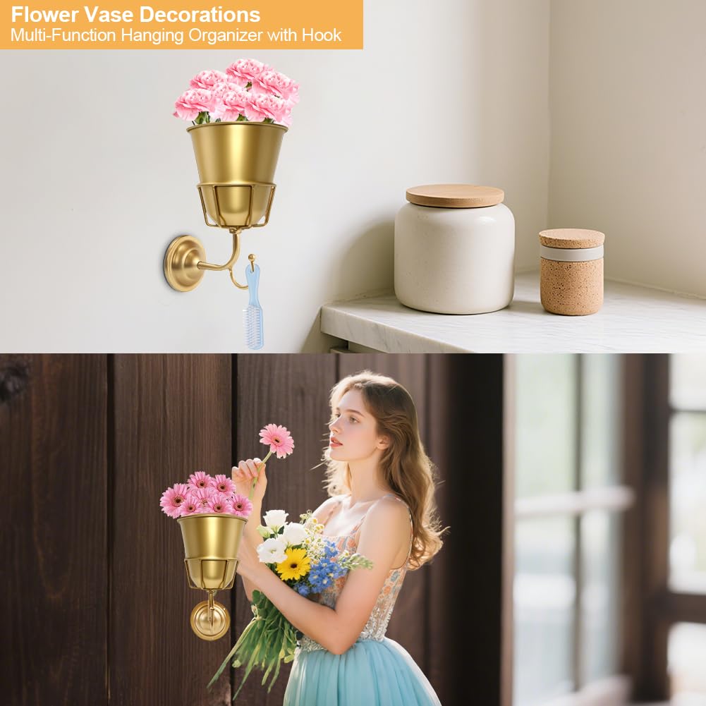 Handcrafted Opal Wall Vessel,Vintage Wall Vase for Brass Flowers,Multi-Function Hanging Organizer with Hook