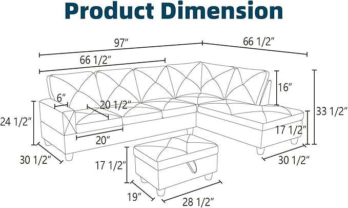 97.5" L Shaped Couch Set, Modular Sectional Couches