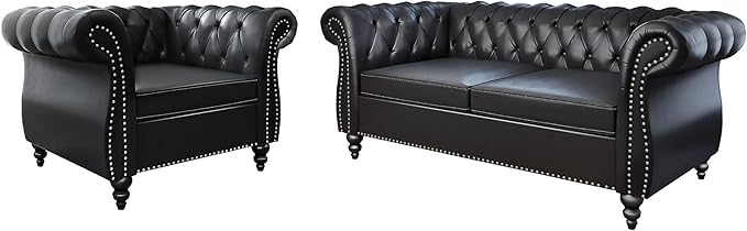 2 Piece Living Room Set, Chesterfield Leather Sofa Couch Chair