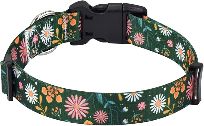 Mihqy Dog Collar with Bohemia Floral Tribal Geometric Patterns - Soft Ethnic Style Collar Adjustable for Small Medium Large Dogs(Dark Green Flower,S)