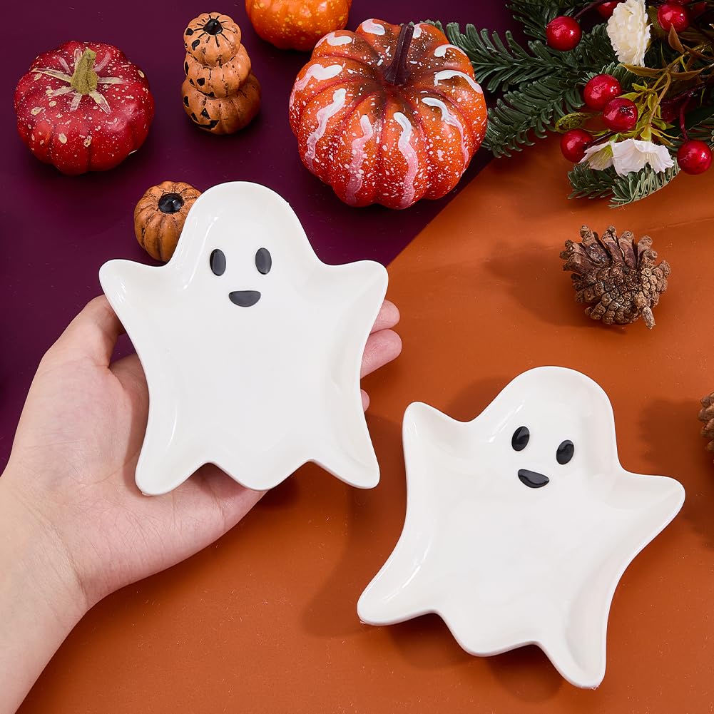 SUPERFINDINGS 2PCS Ceramic Spoon Rest Cooking 5.12"x4.45" Spoon Holder Halloween Ghost Jewelry Dish Tray Small Decorative Trinket Dish for Kitchen Bedrooms Living Rooms Small Items Storage