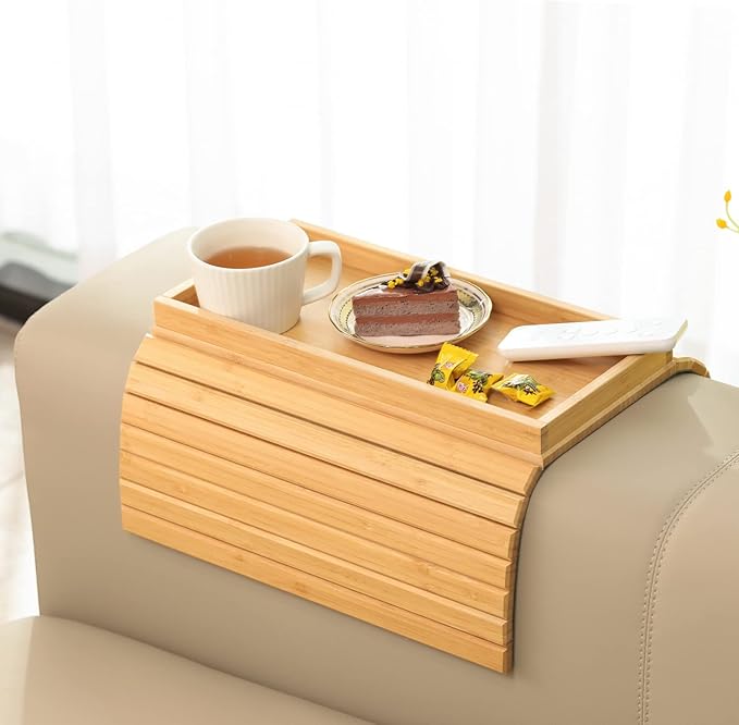 GEHE Bamboo Sofa Arm Tray, Foldable Couch Arm Tray Side Table, Anti-Falling