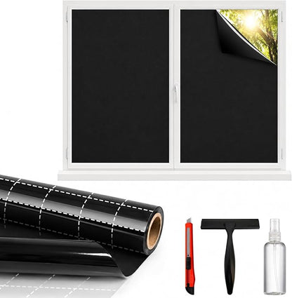 Blackout Window Privacy Film, Removable Window Cover Static Cling, Darkening Light Heat Blocking, Window Tint for Home Garage Bedroom Day Sleep, Black 47.2 Inch * 157.4 Inch