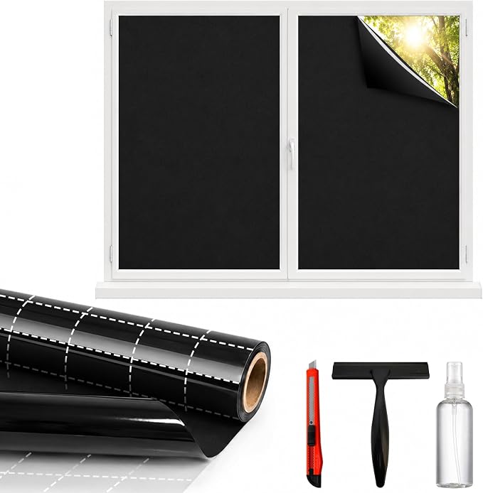 Blackout Window Privacy Film, Removable Window Cover Static Cling, Darkening Light Heat Blocking, Window Tint for Home Garage Bedroom Day Sleep, Black 29.5 Inch * 78.74 Inch