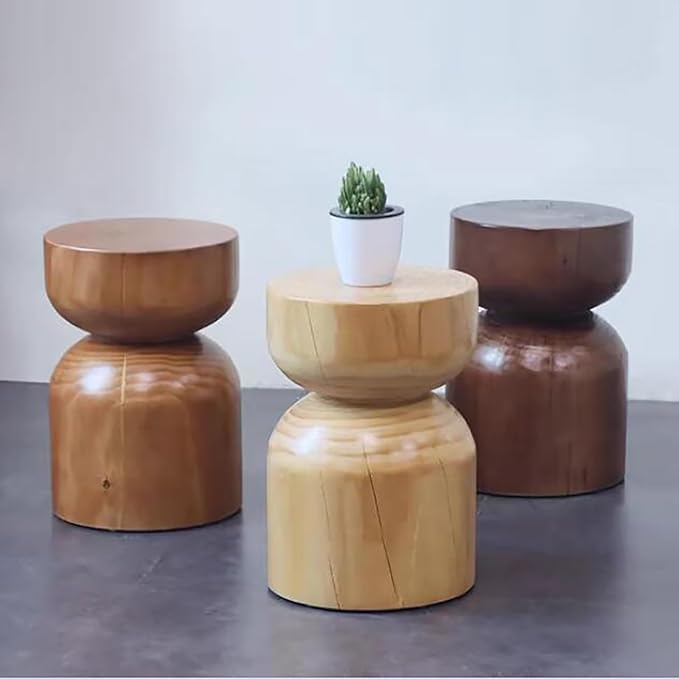 Solid Wood Stool & Sofa Side Table, Rustic Hourglass Wabi-Sabi Accent Coffee