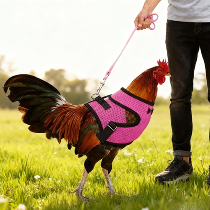 Chicken Harness and Leash Set Adjustable Mesh Breathable Duck Training Harness Pets Leashs for Goose Hen Rooster Parrots Dog Kitten, Black M