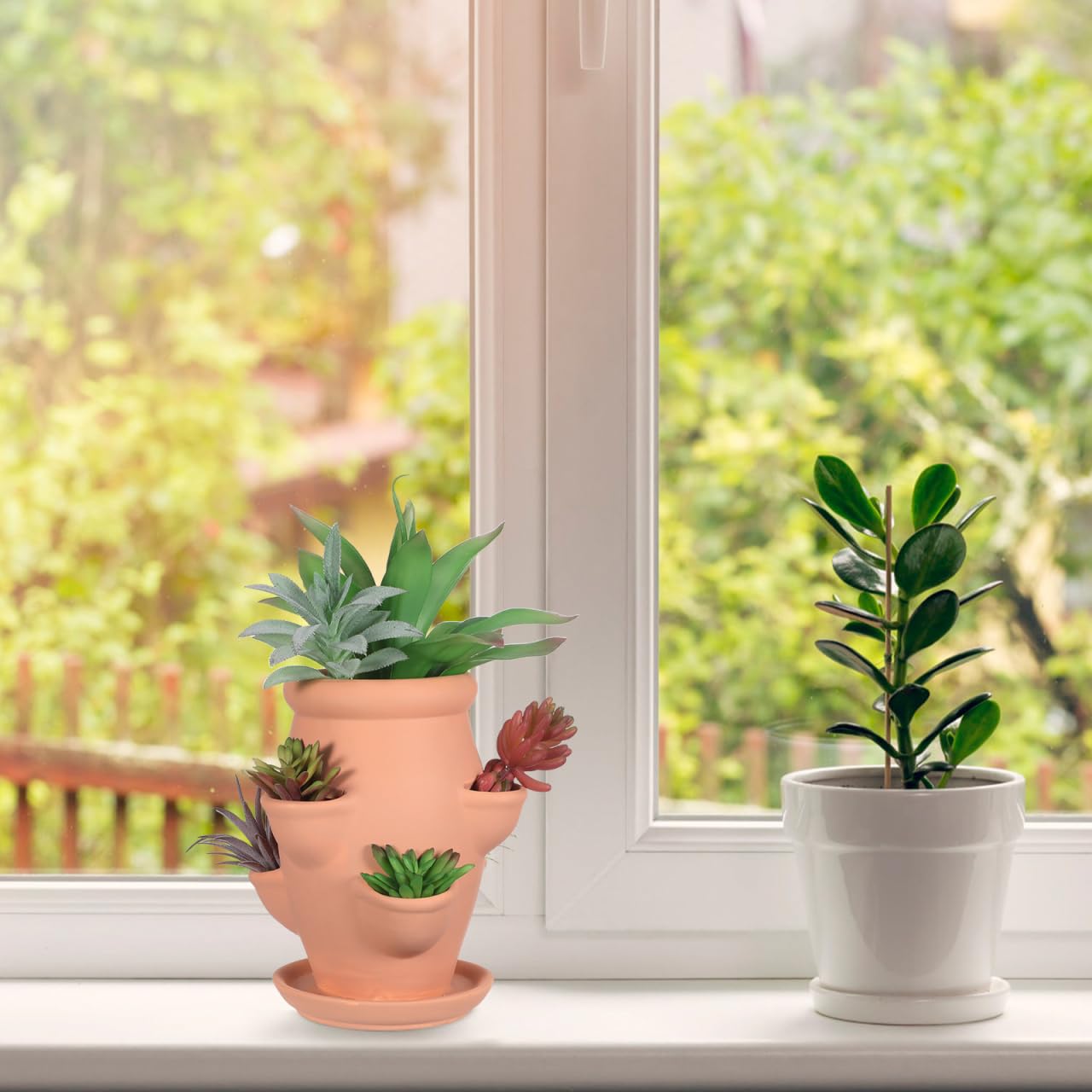 CAXUSD Ceramic Strawberry Tower Planter Pot with Multi Mini Pockets for Succulents and Small Plants Lightweight Indoor Outdoor Decorative Garden Flower Container 5.91X7.48X5.91 Inches