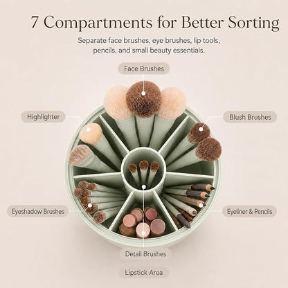 EACHY Makeup Brush Holder with Lid, 360° Rotating Vanity Organizer for Brushes, Dustproof Cosmetic Display Case, 7 Compartments, Waterproof Plastic (Green)