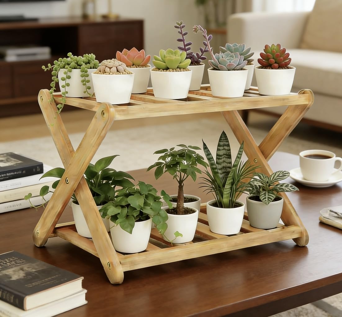 DCAEKUX windowsill plant shelf Indoor 2 Tiers Desktop plant stand Wood Display Stand for cacti & succulent plants Spice Rack Countertop Cupcake