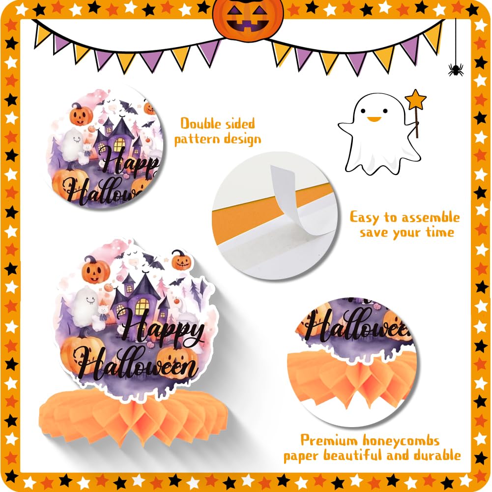 9 PCS Halloween Honeycomb Centerpieces for Table Decoration,Evil Pumpkin Skull Ghost Black Cat 3D Table Topper Sign Purple Orange for Happy Halloween Party Favor Bar Haunted House Decoration