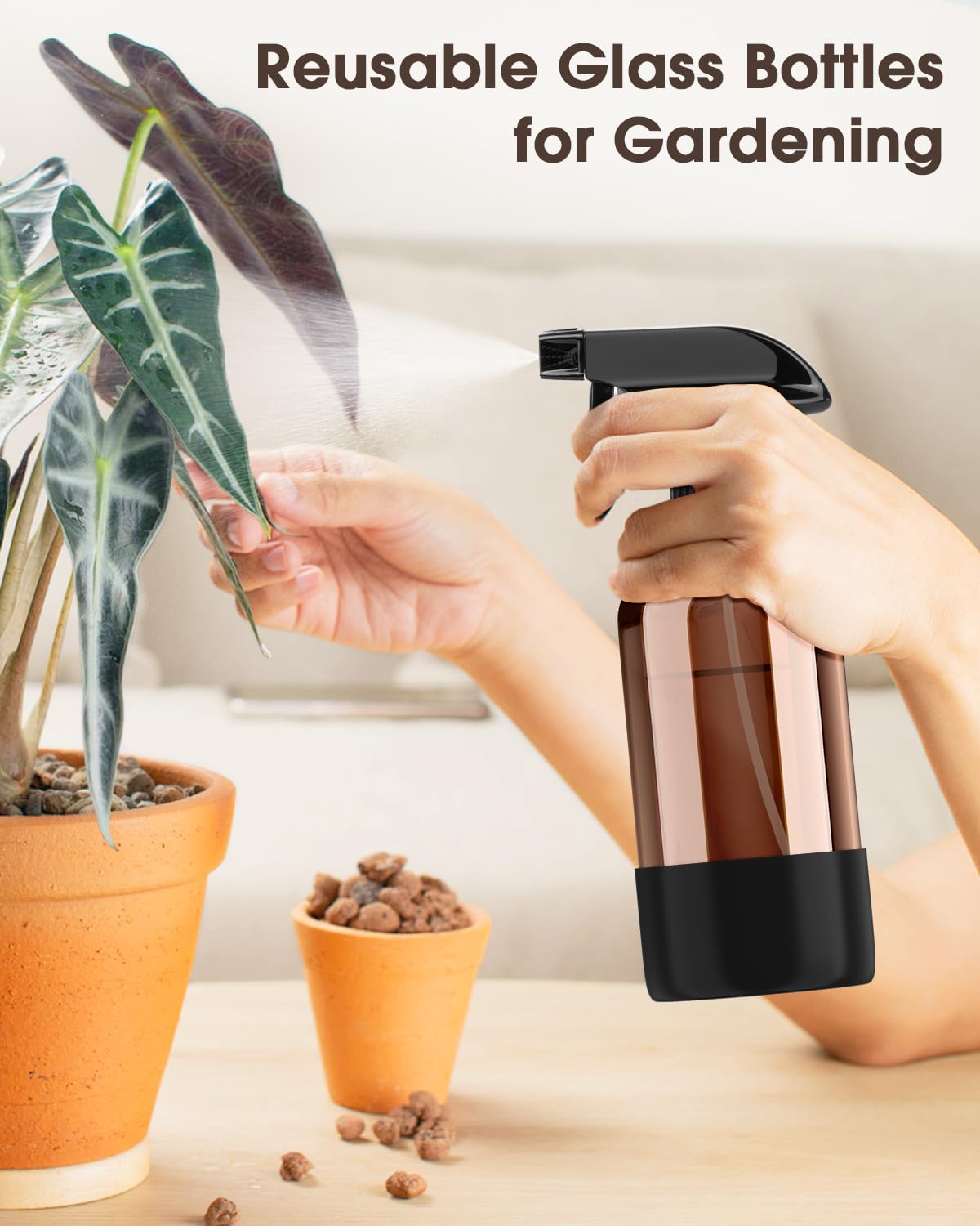 Bontip Glass Spray Bottle with Silicone Sleeve Protection, Amber Glass Spray Bottle Set for Window Cleaner Aromatherapy Facial Hydration Watering Flowers Hair Care 2 Pack/16 oz (Black)