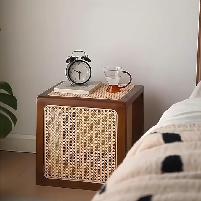 Japanese Style Wood Rattan Stool, Small Space Shoe Bench, Night Stand