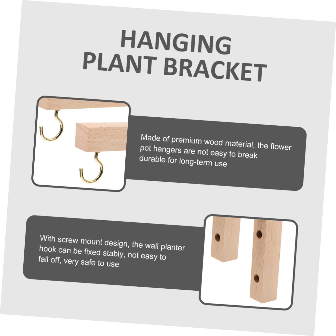 NUOBESTY 2pcs Wooden Wall Hooks for Hanging Plant Brackets Outdoor, Wall Mounted Plant Hangers for Bird Feeders, Wind Chimes, and Hanging Baskets in Garden