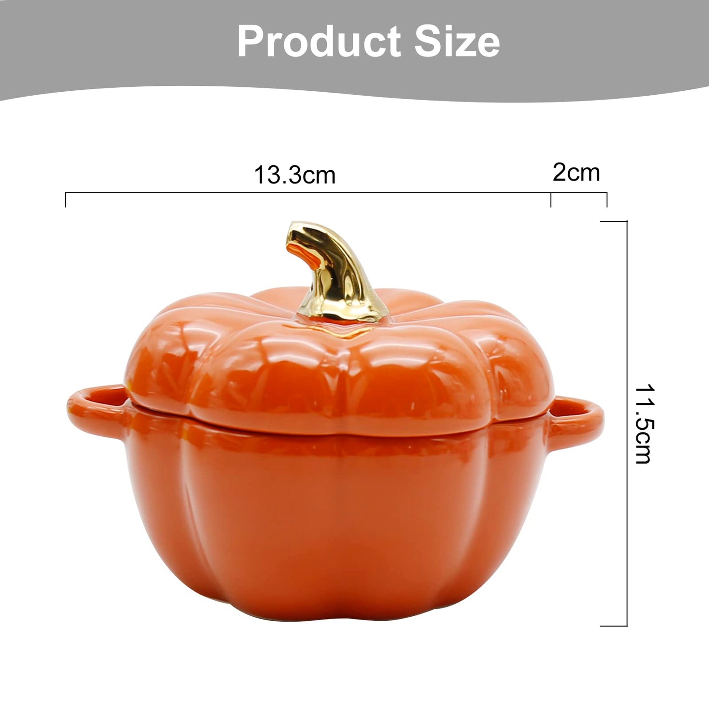 LIDSCURA 15 Oz Orange Ceramic Pumpkin Soup Bowl with Lid, for Halloween & Thanksgiving Soup Serving, Oven Safe Ceramic Stew Pot Pumpkin Shape Storage Jar, Double Ear Pumpkin Dessert Bowl for Tableware