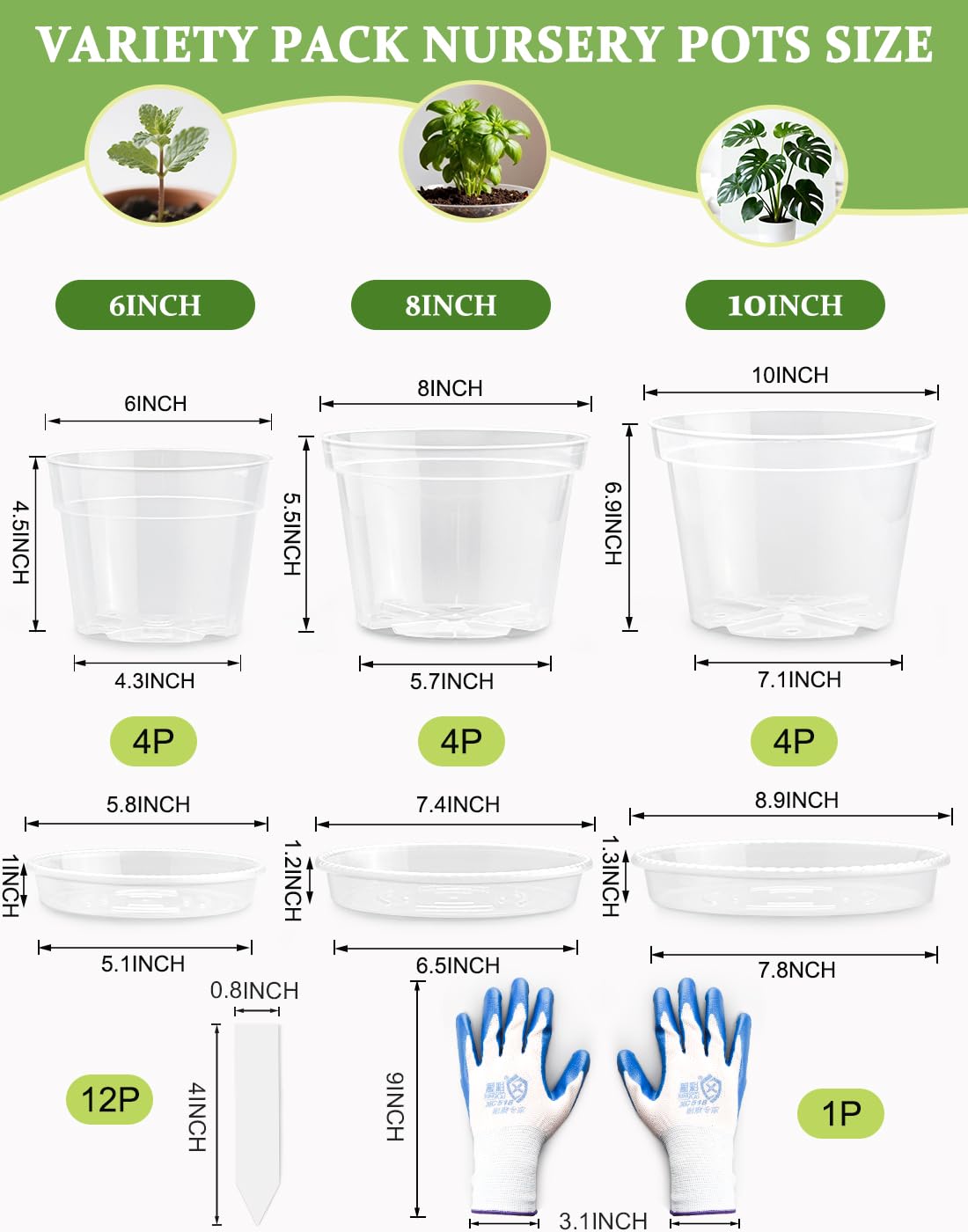 10/8/6 Inch Clear Plant Pots with Drainage Hole 12 Pack, Transparent Sturdy Plastic Nursery Pots with Saucers, Plant Label, Gardening Gloves, Plant Starter Pots for Planting Seed Herb Vegetable Flower