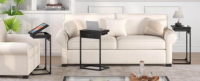 sthmec C Shaped End Table with Charging Station, 45° Tiltable Adjustable Flip