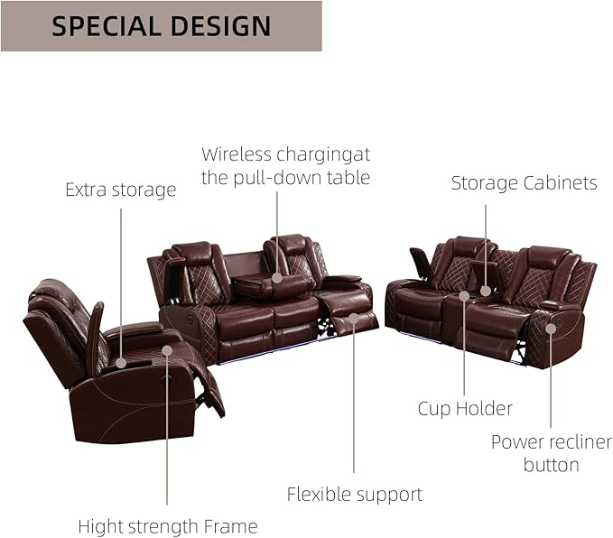 3-Piece Leather Power Recliner Sofa Set