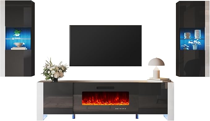 AMERLIFE 3-Piece Modern Wall Unit Entertainment Center Set, High Gloss 80"