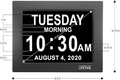 American Lifetime, New Version, Day Clock Extra Large Impaired Vision Digital Clock with Battery Backup and 5 Alarm Options Great Gift Ideas, 2 Pack Black