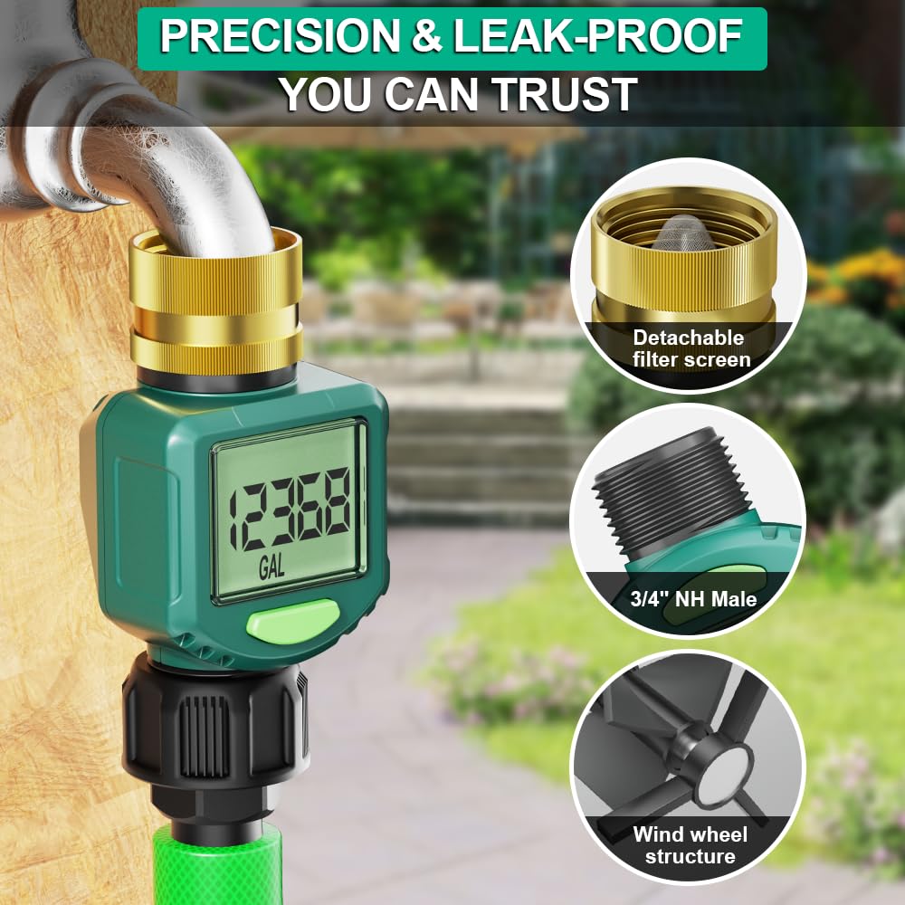 Water Flow Meter with 180° Flip Screen - ±5% Accuracy, Brass Inlet, Waterproof LCD Water Meter for Outdoor Garden Hose, RV & Irrigation, Lawn Sprinkler Watering, Measure Gallon/Liter