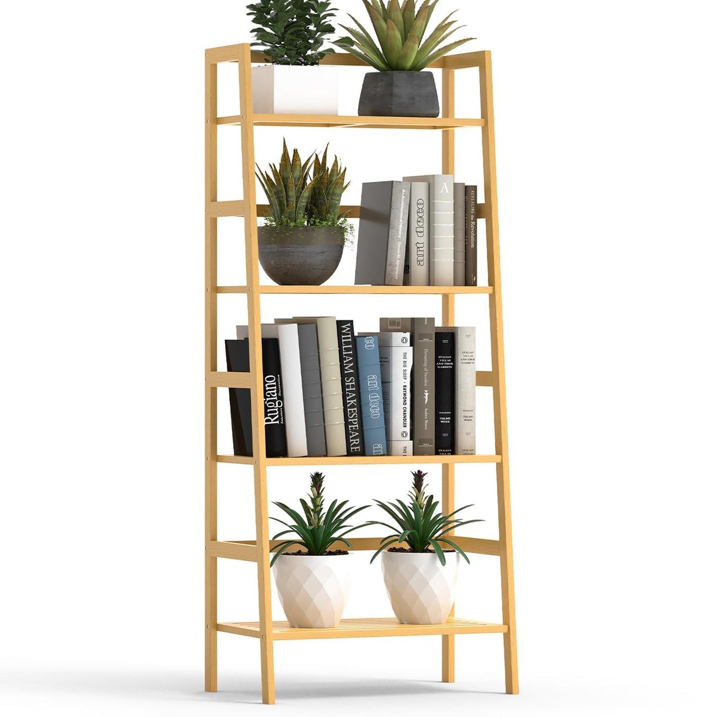 Thalomely Bamboo Bookshelf, 4-Tier Ladder Shelf Freestanding Space Saver Open Bookcase Book Shelf, Bamboo Storage Shelving Unit Flower Plant Stand for Living Room, Bathroom, Home Office, Natural
