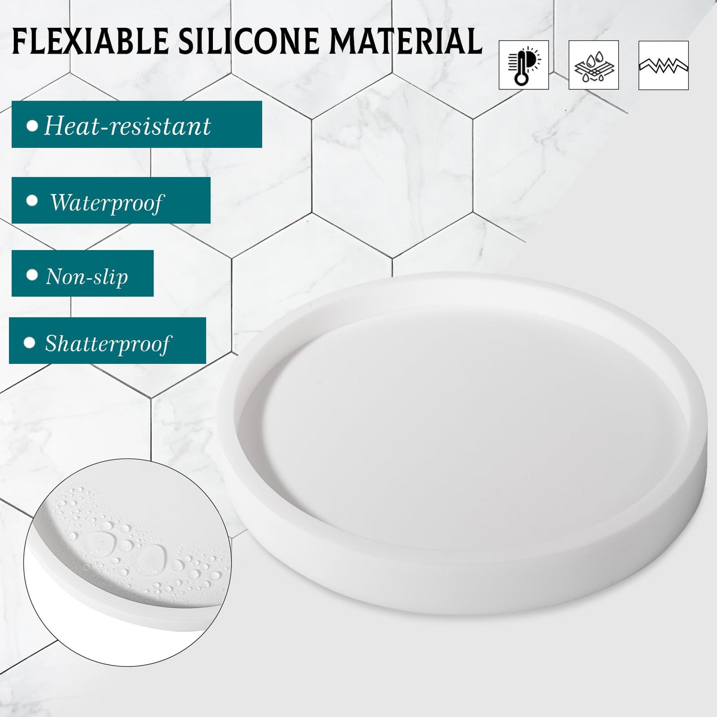 Silicone Bathroom Tray Round Vanity Tray Decorative Soap Holder Kitchen Countertop Organizer Coffee Table Decor for Candle, Perfume, Plant, 12 Inch, White